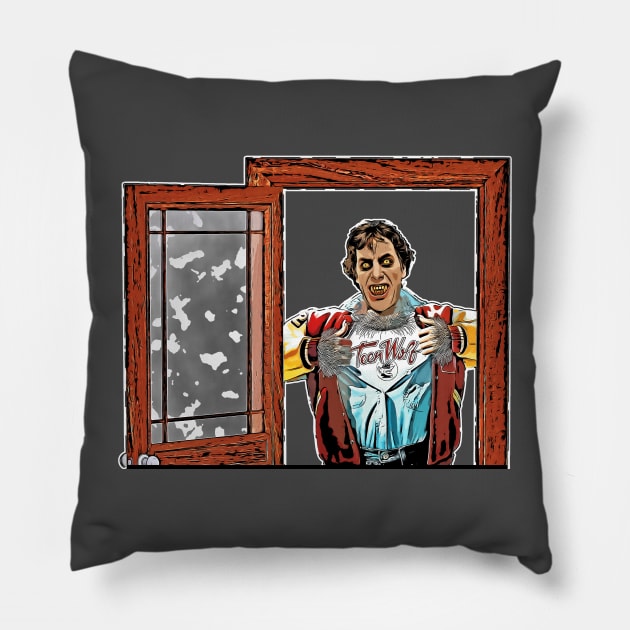 An American Teen Wolf In London Pillow by Cinematic Omelete Studios