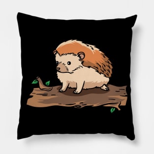 A cute hedgehog on a wood piece Pillow