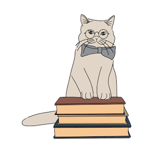 cute cat with spectacles and books digital illustration T-Shirt