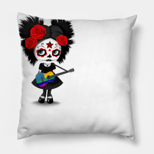 Sugar Skull Girl Playing Rainbow American Flag Guitar Pillow