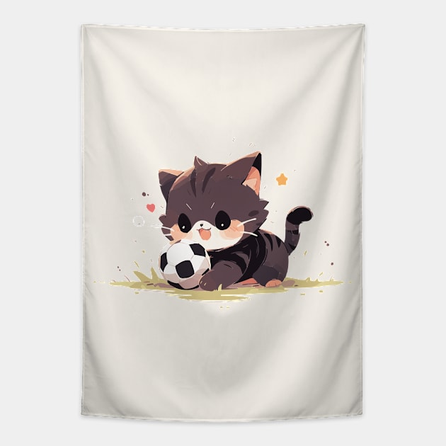 Striped cat loving football Tapestry by etherElric