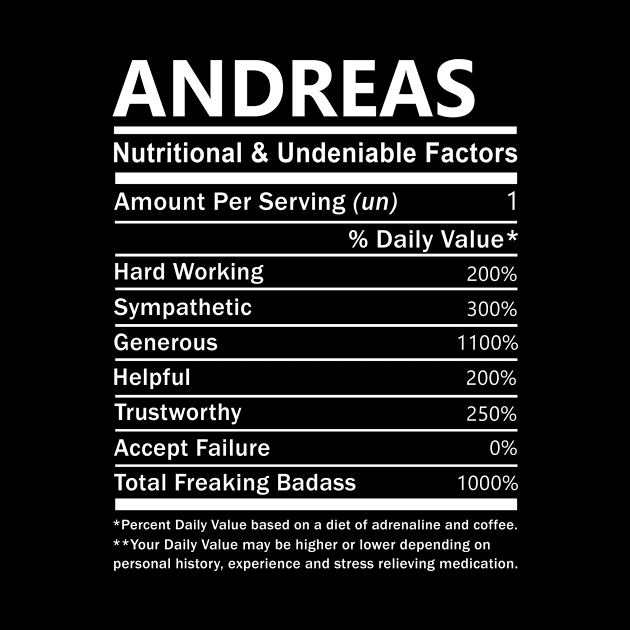 Andreas Name T Shirt - Andreas Nutritional and Undeniable Name Factors Gift Item Tee by nikitak4um