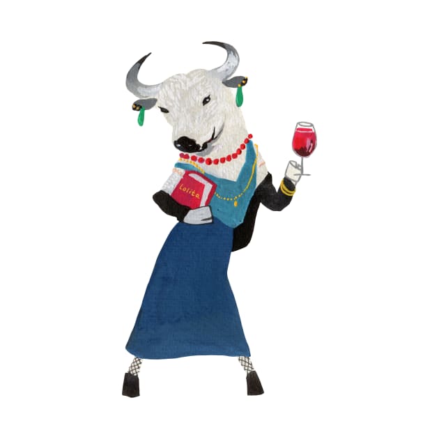 Lady Bull with a glass of wine and Lolita book by argiropulo