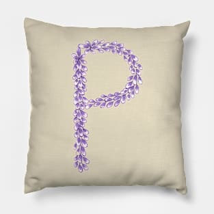 Lavender Letter P Hand Drawn in Watercolor and Ink Pillow