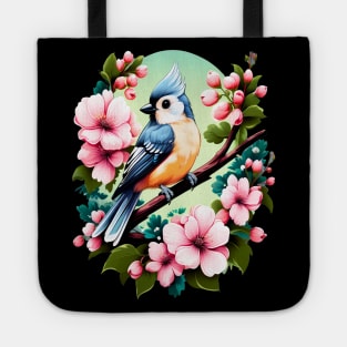 Cute Tufted Titmouse Surrounded by Vibrant Spring Flowers Tote