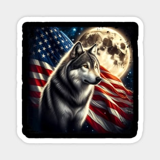 Wolf 4th of July American Flag Alpha Wolf Under Moon Magnet