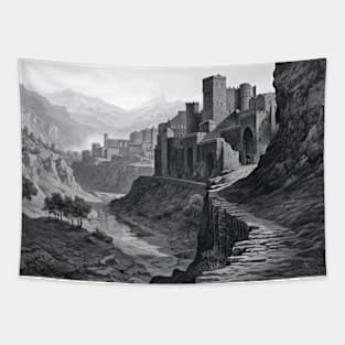 Fortress Mountain Castle Fantasy Story Ink Sketch Style Tapestry