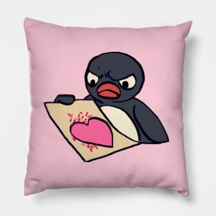 angry pingu penguin with messy heart craft meme Pillow