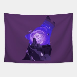 Desert Night Sky Wolf, Howling, Glowing Wolf with Girl Tapestry