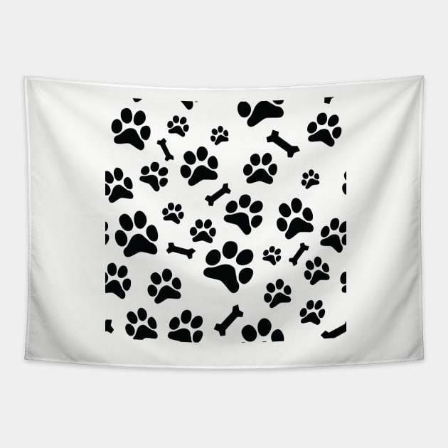 Black Puppy Paw Prints and Bones On White Pattern Tapestry by SubtleSplit