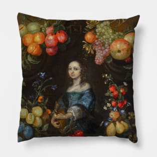 A Garland of Fruit and Flowers Surrounding a Portrait of a Lady in a Blue Dress, Holding a Guitar by Catarina Ykens-Floquet Pillow