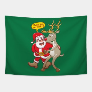 Happy Santa Claus thanking his good reindeer Rudolph Tapestry