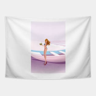 Bikini girl at pink beach Tapestry