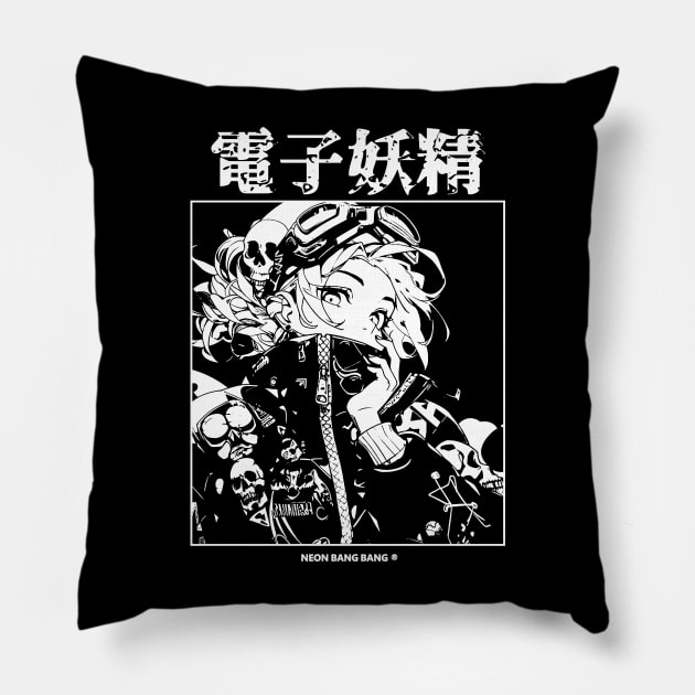 Japanese Streetwear Goth Grunge Anime Girl Manga Aesthetic Pillow by Neon Bang Bang