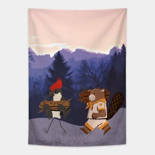 Woodpecker and Beaver Collecting Wood - Wildlife Animal Campers Tapestry