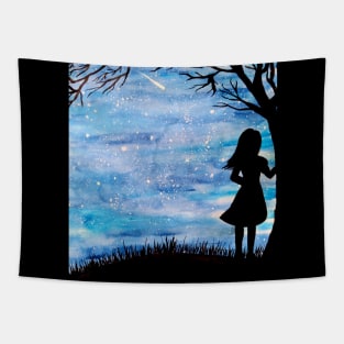 Girl silhouette stargazing watercolor sky Tapestry