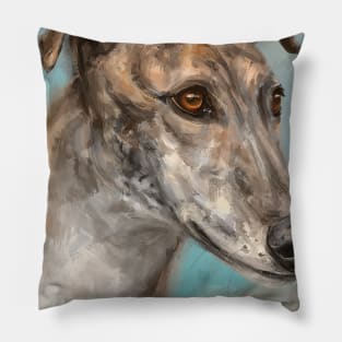 Painting of a Brown Greyhound on Bluish Background Pillow