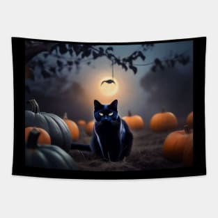 Sleek black cat in a pumpkin patch on Halloween night Tapestry