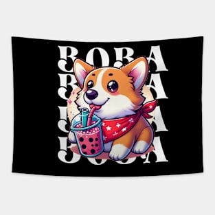 Cute Corgi Drinking Boba T-Shirt: Adorable Dog Tee for Boba Tea Lovers Tapestry