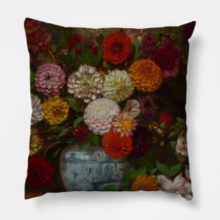 Still Life with Dahlias, Zinnias, Hollyhocks and Plums by Eugene Delacroix Pillow