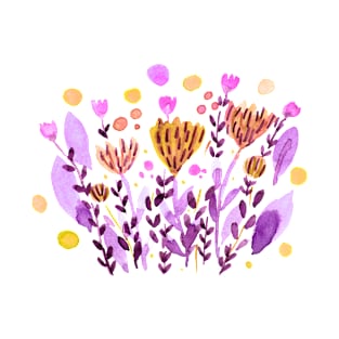 Watercolor whimsical flowers - orange and purple T-Shirt