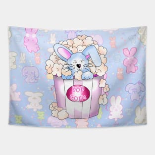 cute blue bunny rabbit in a pot of popcorn on a blue background Tapestry