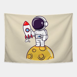 Cute Astronaut Holding Rocket On Moon Cartoon Tapestry