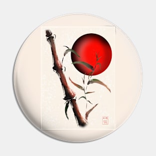 Sumi-e bamboo with a red rising sun Pin