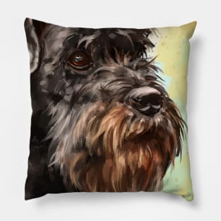 Close up Painting of a Majestic Looking Schnauzer in Yellow Background Pillow