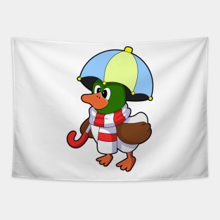 Duck at Raining with Umbrella Tapestry