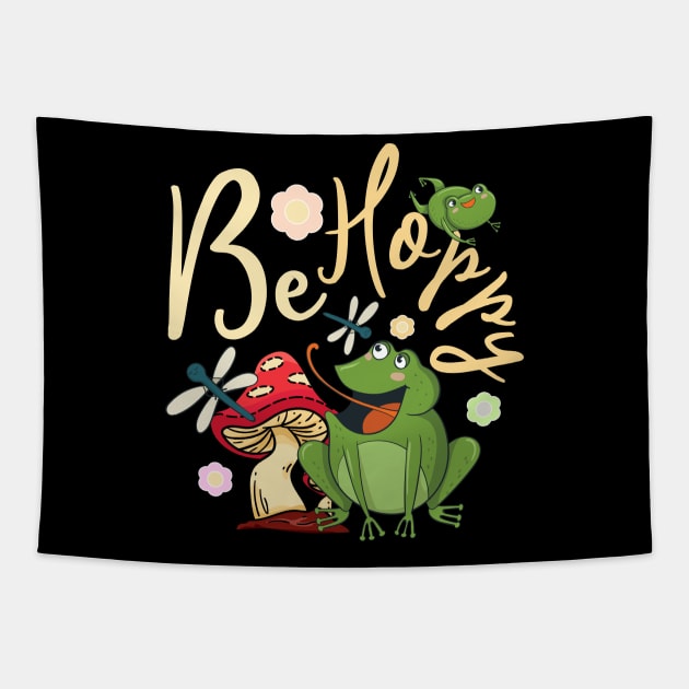 Be Hoppy Cute Frog Pun Cottagecore Aesthetic Frog Tapestry by alcoshirts