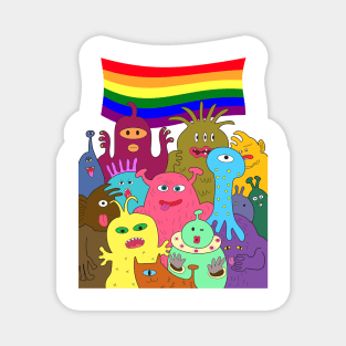 Halloween gay pride celebration. Group of cute alien monsters with lgbtq rainbow flag. Magnet