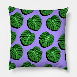 Monstera Leaves on Purple Background Pillow