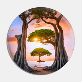 Layered Surreal Banyan Tree Sunset Pin