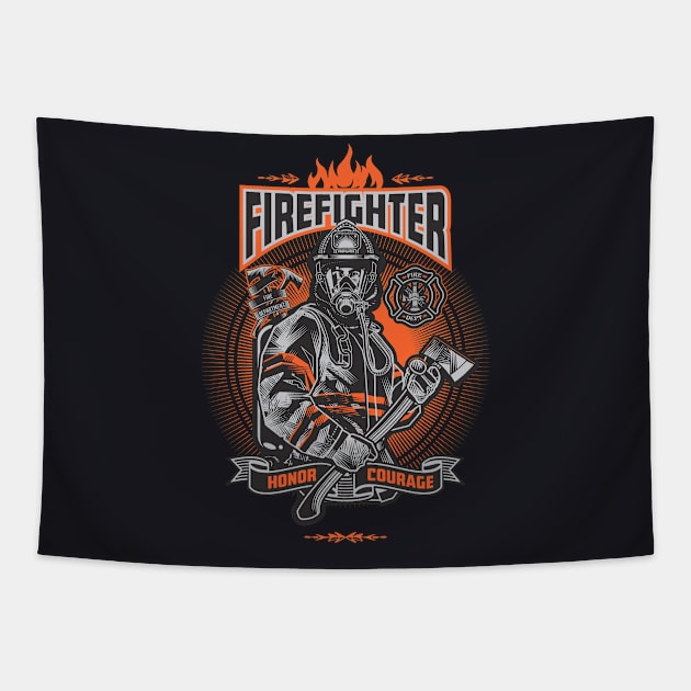 Honor and Courage- Firefighter Wearing Protective Gear Holding Axe Tapestry by Vector-Artist