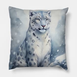 A Proud Snow Leopard Went Hunting, in the Snowy forest, Hight Mountains, Snow Falling, Winter Landscape, Wildlife White Panthera, Watercolor Realistic Illustration, Art, Portrait, Poster, Shirt, Christmas Holiday, Birthday gifts, Hunting lover Pillow