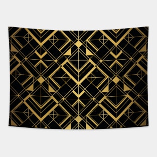 Thick Black and Gold Vintage Art Deco Geometric Square Tiled Pattern Tapestry