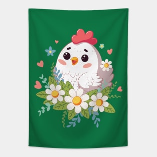 Happy kawaii chicken with flowers Tapestry