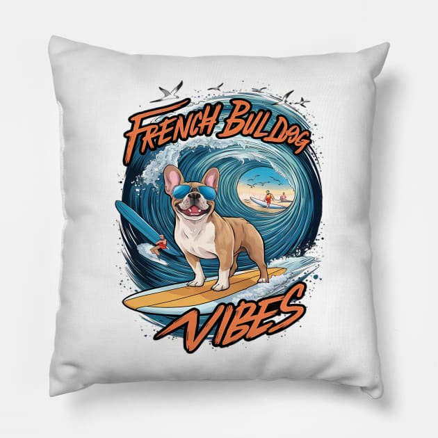 French Bulldog Surfing Frenchie Splash Pillow by coollooks