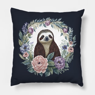Sloth Portrait with Wreath Of Flowers Watercolor Mothers Day Pillow