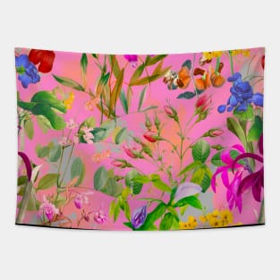 Cool tropical floral leaves botanical illustration, tropical plants, leaves and flowers, pink leaves pattern Tapestry