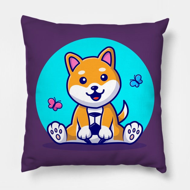 Cute Dog Shiba Inu With Soccer Ball And Butterfly Cartoon Vector Icon Illustration Pillow by Catalyst Labs