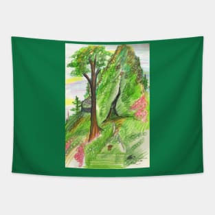 Green Grass Forest Land Trees Cave Mountain Woods Pink Sky Rock Colored Pencil Tapestry