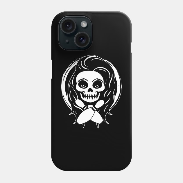 Female Bowler Skull and Bowling Pins White Logo Phone Case by Nuletto