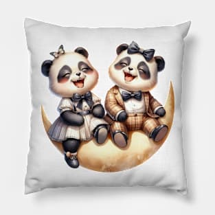 Valentine Happy Panda Bear Couple On Moon Pillow