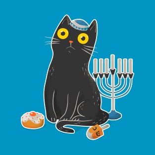 Intense Gaze Black Cat in Hanukkah T-Shirt