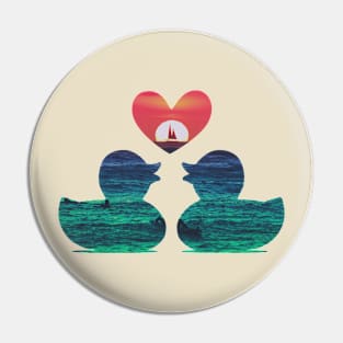 Cute Ducks with Red Heart Sunset Pin