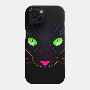 Black Cat with Green Fluorescent Eyes - Illustration Phone Case