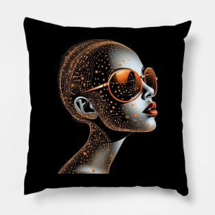 Vector Drawing - Robot-Girl in Sunglasses, Surrealism, Beautifully Transparent, Graphic with Elegant Patterns and Design, a New Fashionable Style Pillow