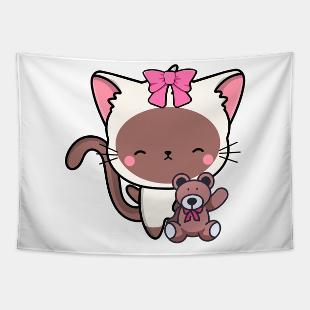 Cute white cat holds a teddy bear Tapestry by Pet Station